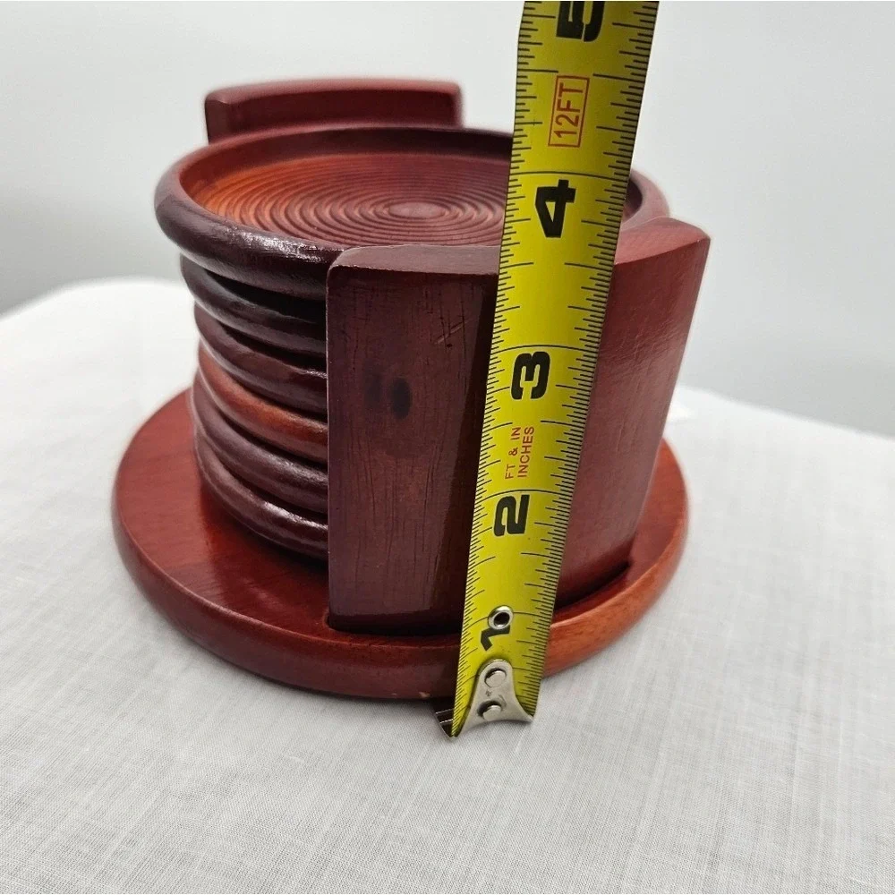 Kamenstein Wood‎ Coaster Set of 6 with Holder Red Brown Concentric Ring Design